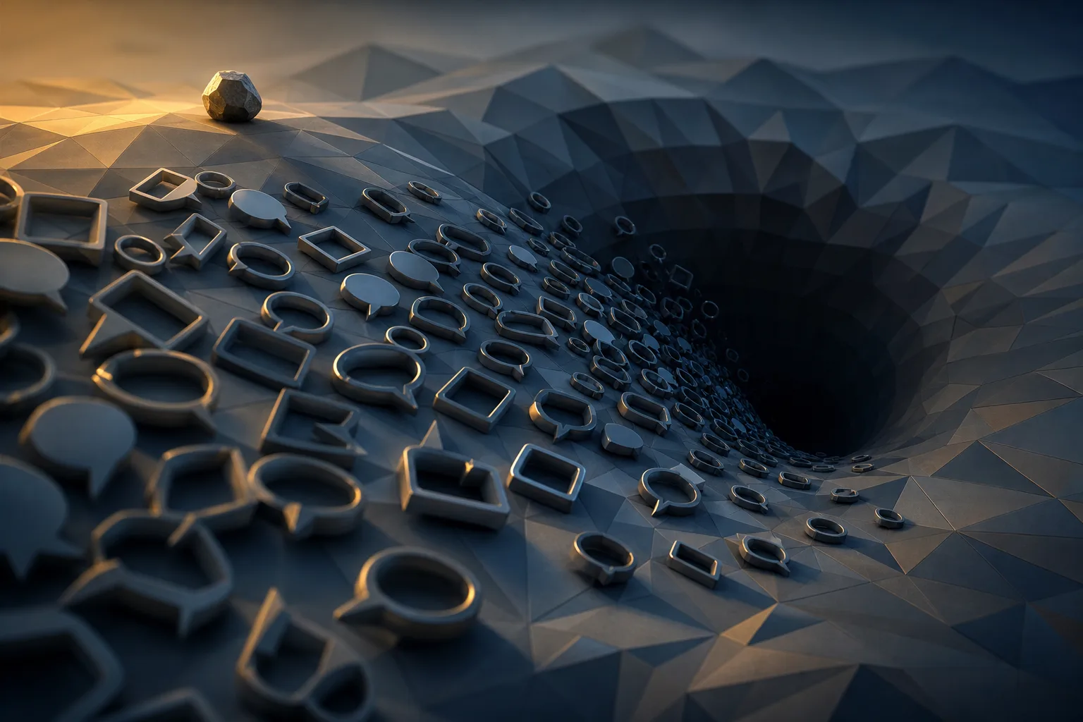 Polished hollow shapes slide into a dark gravity well as a rough stone rests at the edge